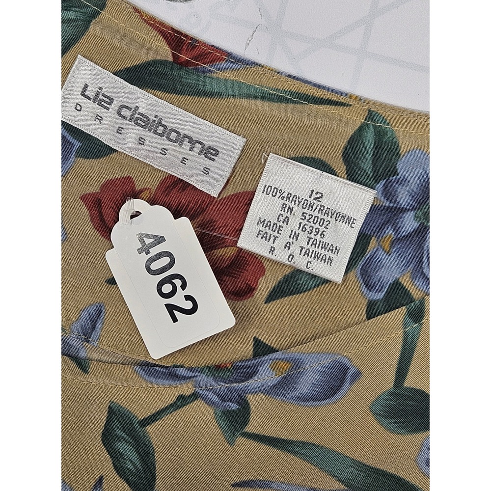 Liz Claiborne Vintage Floral Midi Dress Tan Blue Bird of Paradise Rayon Size 12 - Picture 8 of 8